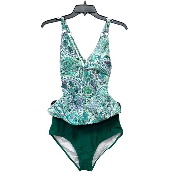 Cupshe Women's Boho V Neck Tankini Top  Mid Rise Bottoms Set Green Size Medium - Picture 1 of 9